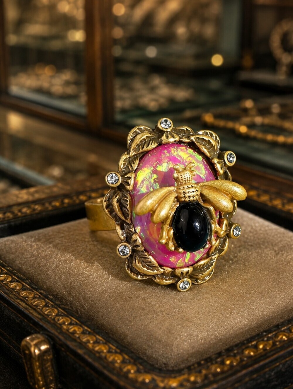 Gold Bee Statement Ring with Pink Marbled Stone